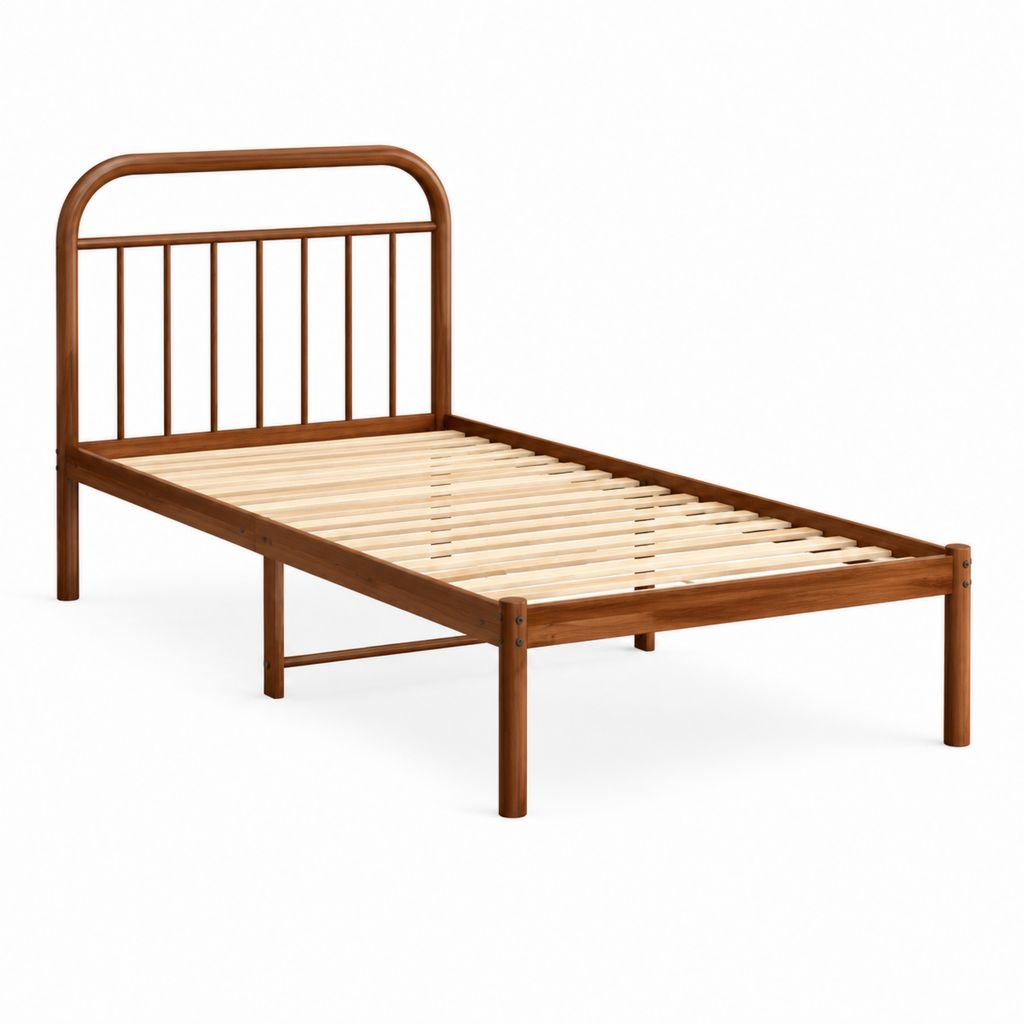 Einzelbett Bettgestell Braun aus massivem Kiefernholz rechteckig mit Lattenrost 90 x 200 cm