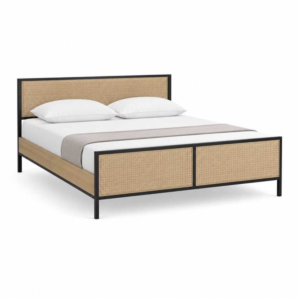 Doppelbett Bettgestell 160 x 200 cm Schwarz Eiche MDF Stahl rechteckig mit PE-Rattan