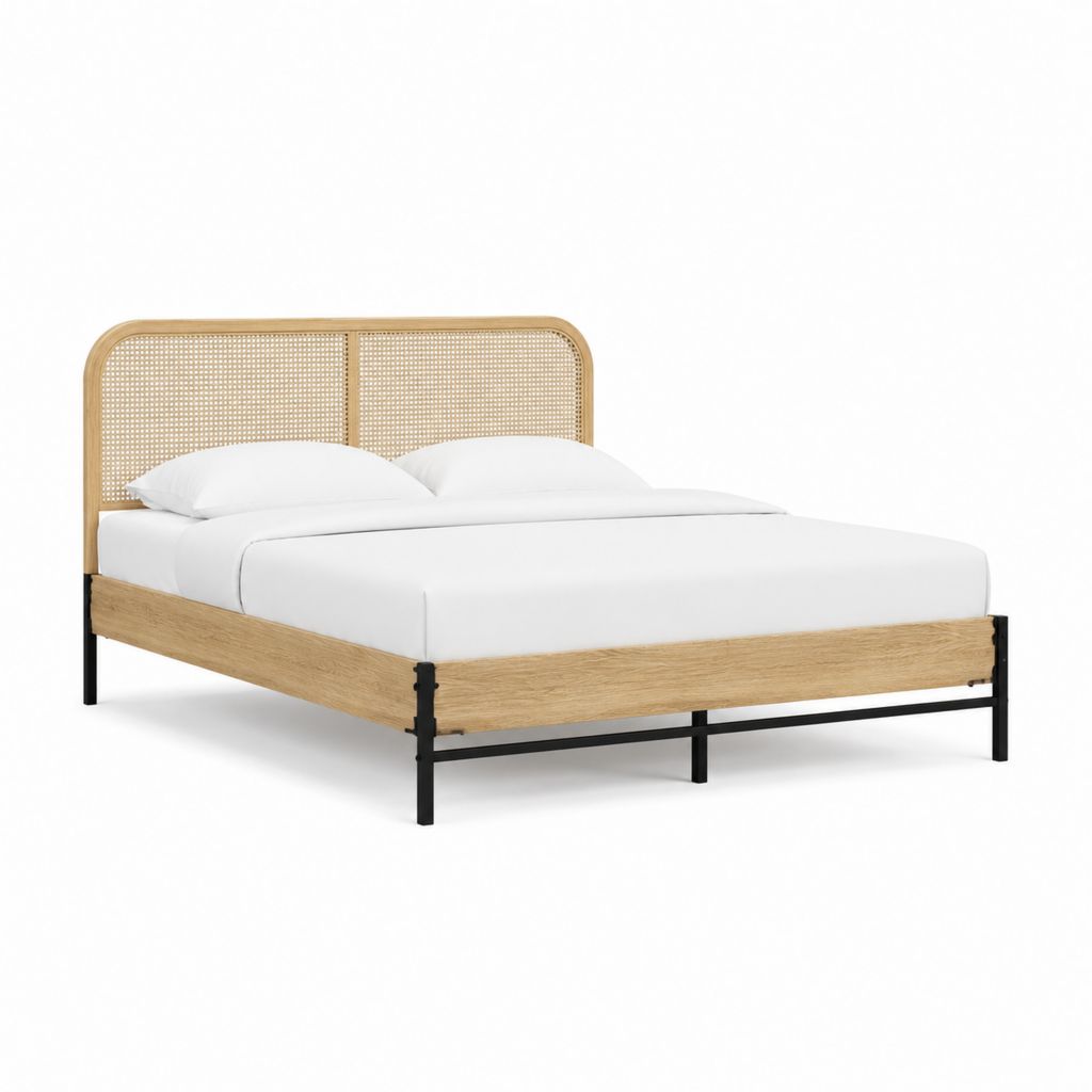 Doppelbettgestell 160 x 200 cm Natur Schwarz aus MDF Stahl und Rattan rechteckig