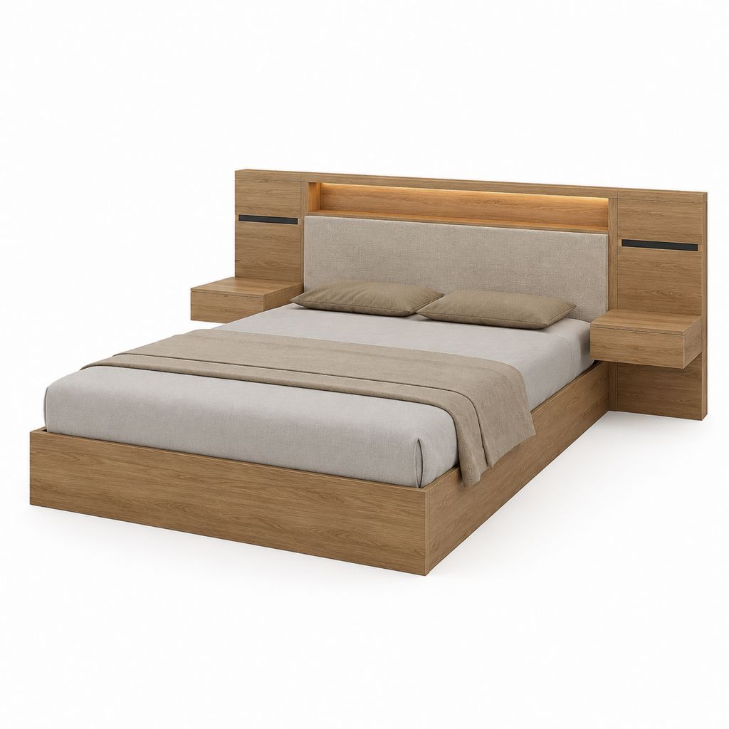 Doppelbett Bettgestell mit gepolstertem Kopfteil und integrierten Nachttischen Eiche-Optik Beige 160 x 200 cm