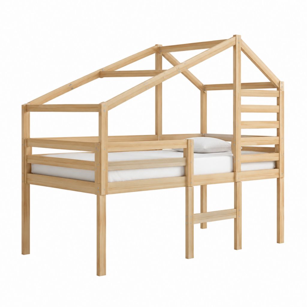 Kinder Hochbett Hausbett Natur Massivholz Kiefer 90 x 200 cm 208 x 98 x 180 cm