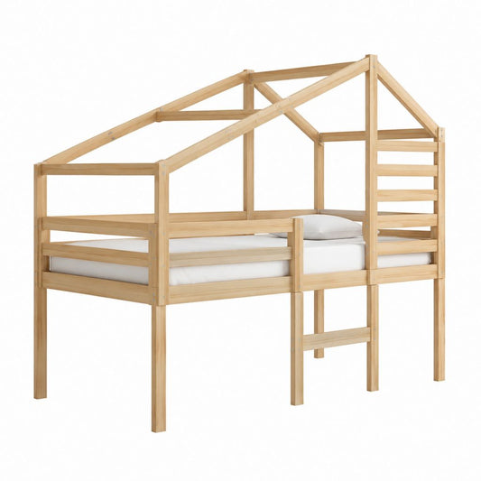 Kinder Hochbett Hausbett Natur Massivholz Kiefer 90 x 200 cm 208 x 98 x 180 cm