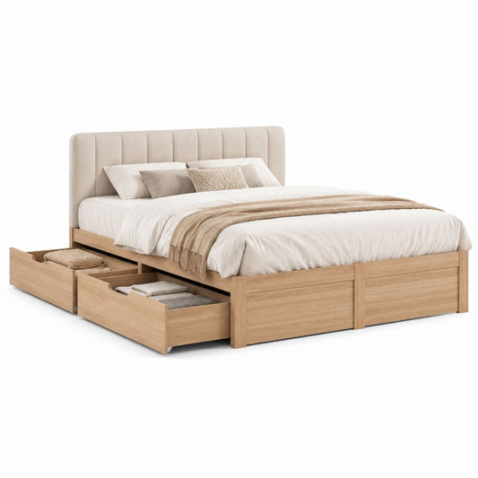 Doppelbett mit 4 Schubladen Beige MDF mit Eichenoptik und Polyesterkopfteil rechteckig 180 x 200 cm